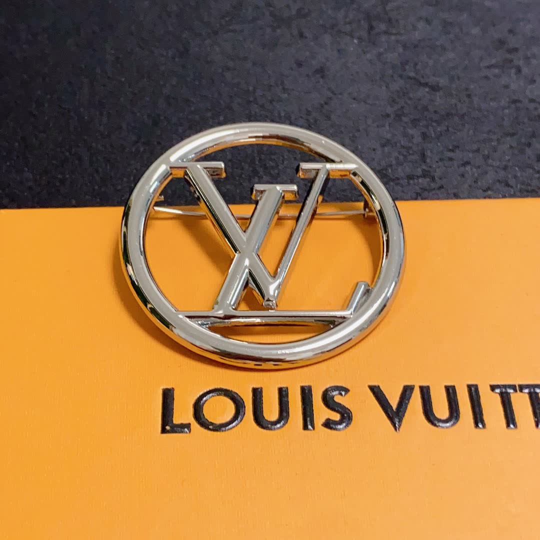 Louis Vuitton Brooch - Silver Circle with LV Logo